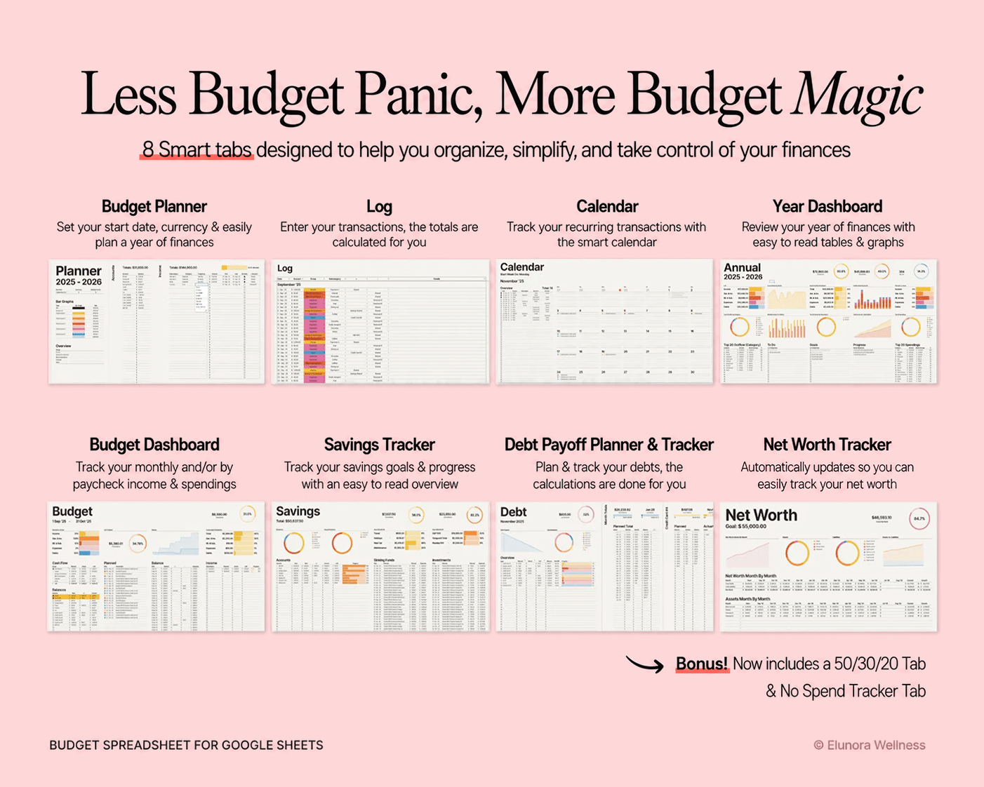 ADHD Budget Planner Google Sheets template for tracking income, bills, expenses, savings and debt