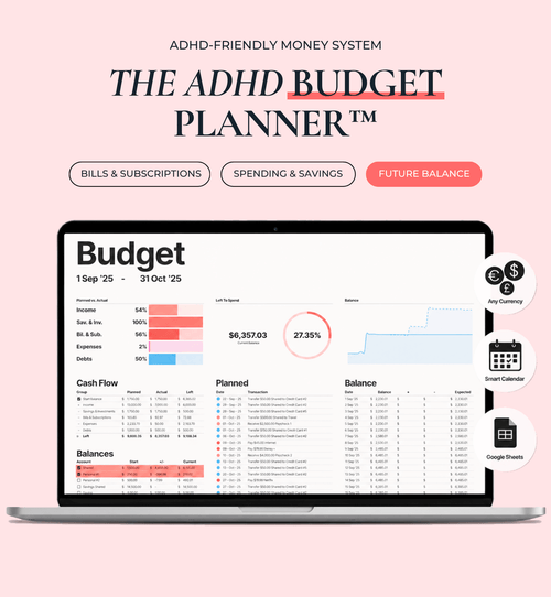 ADHD Budget Planner Google Sheets template for tracking income, bills, expenses, savings and debt