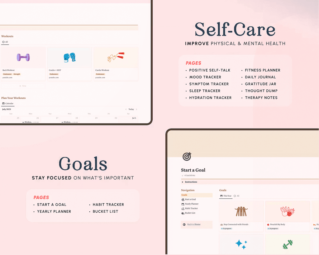 ADHD Notion Life Planner template for organizing tasks, routines, reminders, money and self-care