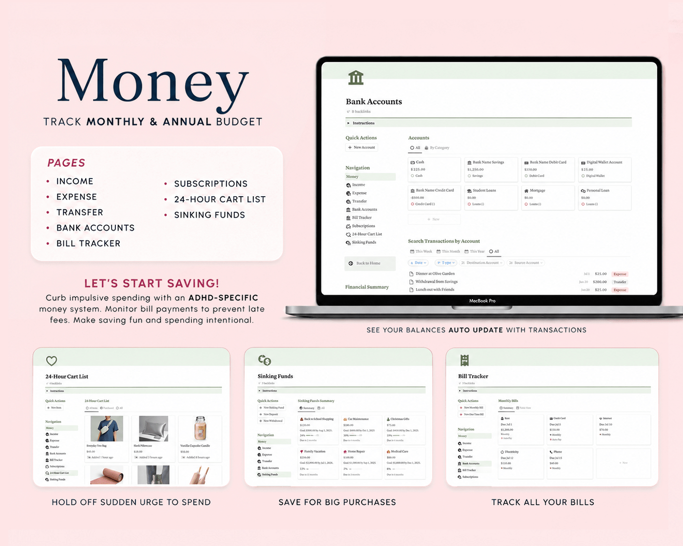 ADHD Notion Life Planner template for organizing tasks, routines, reminders, money and self-care