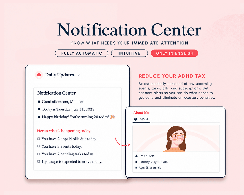 ADHD Notion Life Planner template for organizing tasks, routines, reminders, money and self-care