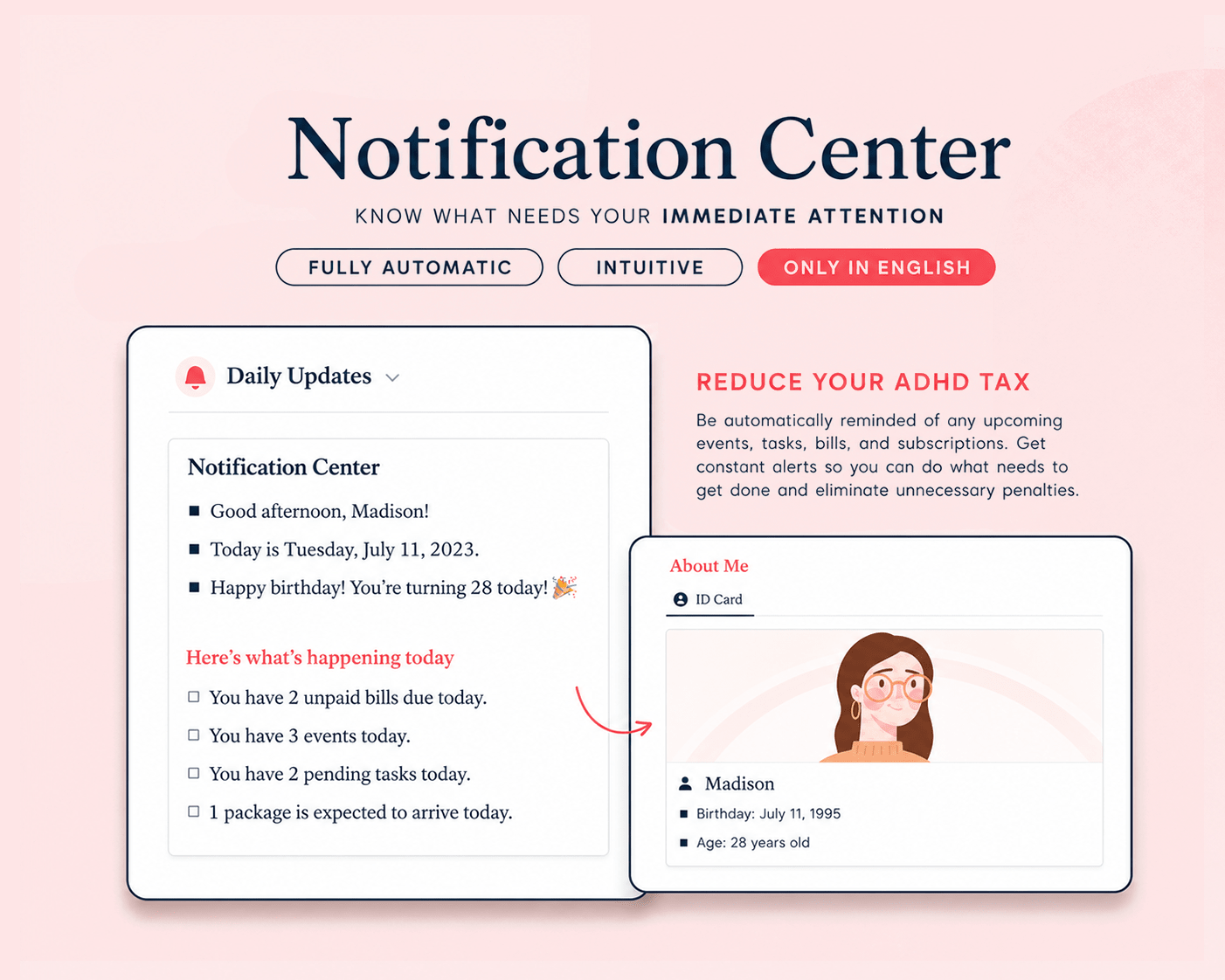 ADHD Notion Life Planner template for organizing tasks, routines, reminders, money and self-care
