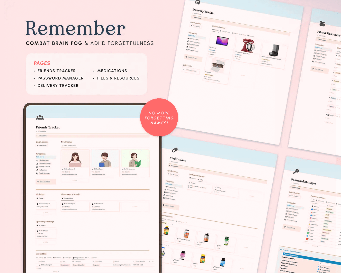 ADHD Notion Life Planner template for organizing tasks, routines, reminders, money and self-care