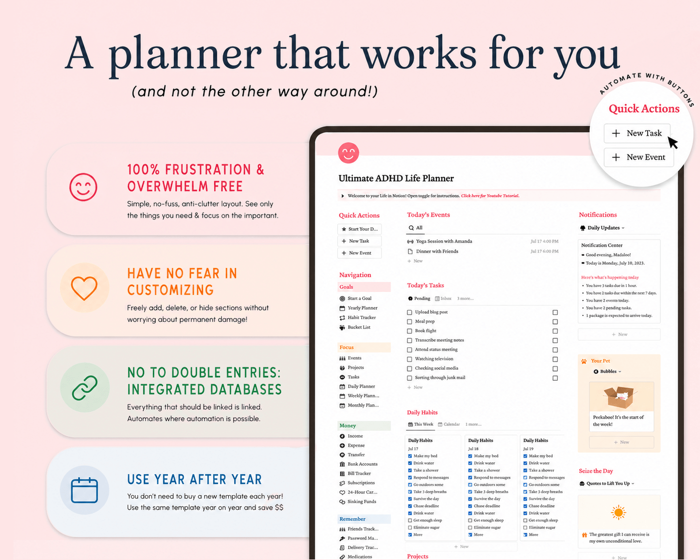 ADHD Notion Life Planner template for organizing tasks, routines, reminders, money and self-care