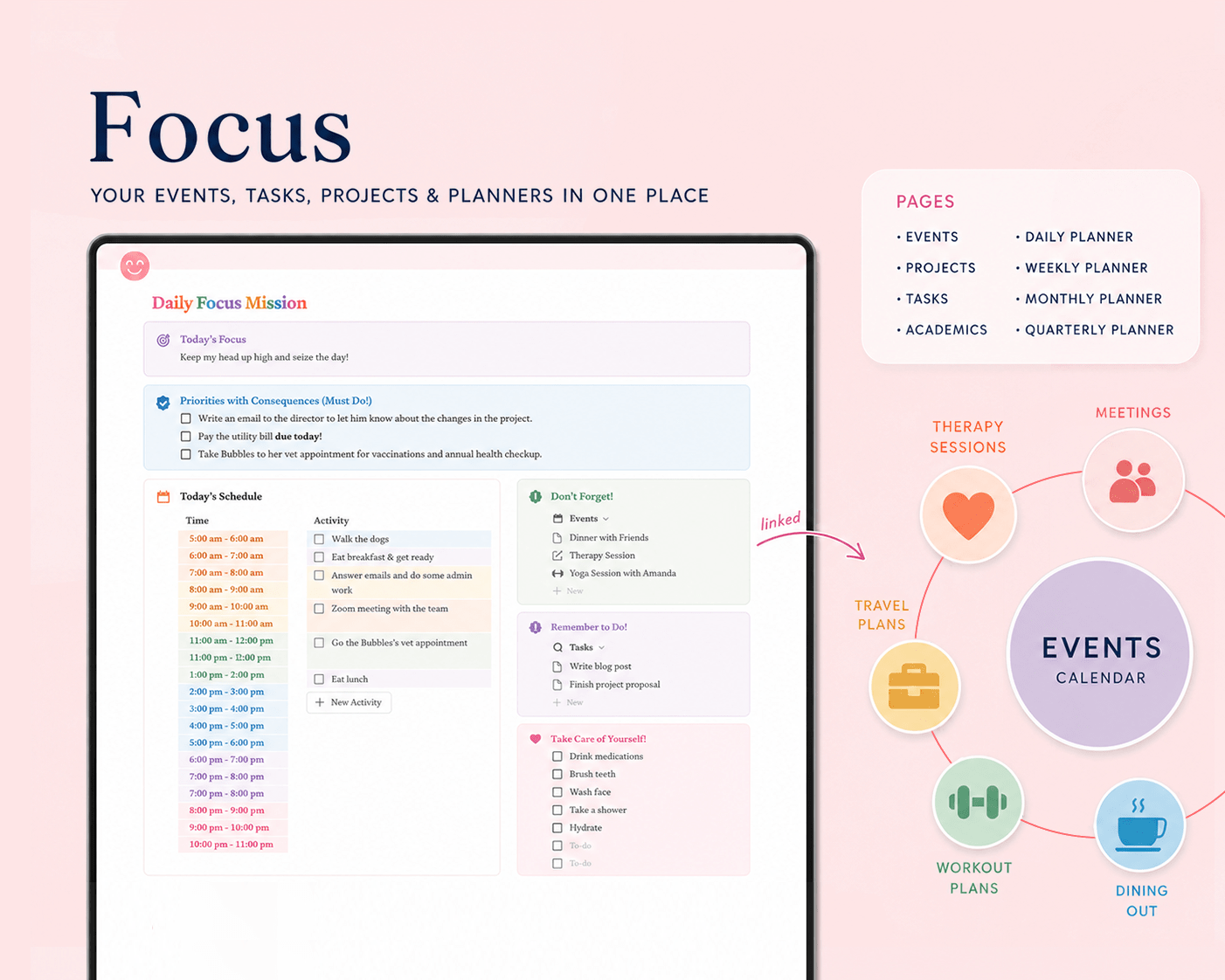 ADHD Notion Life Planner template for organizing tasks, routines, reminders, money and self-care